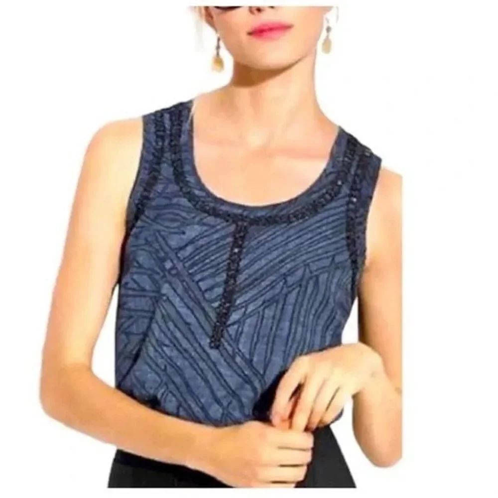 CAbi Women's Top Sleeveless Printed Beaded Tank Shirt blouse Scoop Neck Blue M